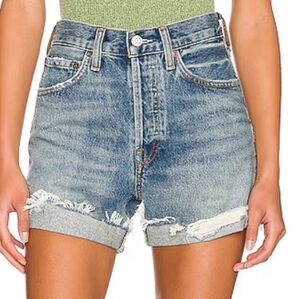 Agolde High Waist Distressed Denim Shorts in Light Blue